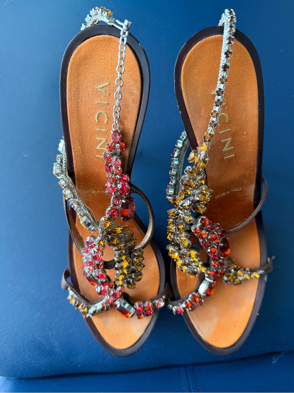 Giuseppe Zanotti Brown Leather Sandals with Red & Yellow Crystal Straps - Picture 6 of 6